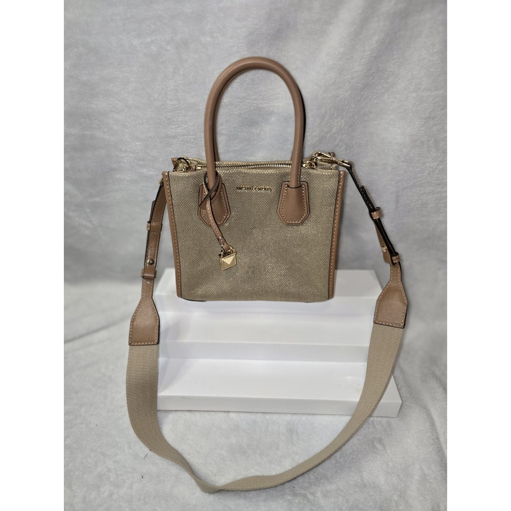 Michael Kors Mercer Small Messenger Pale Gold Canvas Woven Crossbody With Tags